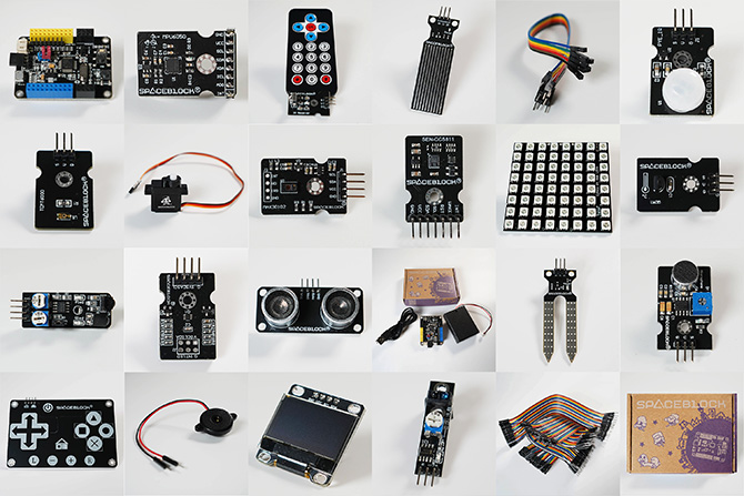 SPACEBLOCKには、LEDやセンサーモジュールなどのパーツを接続し制御することが可能