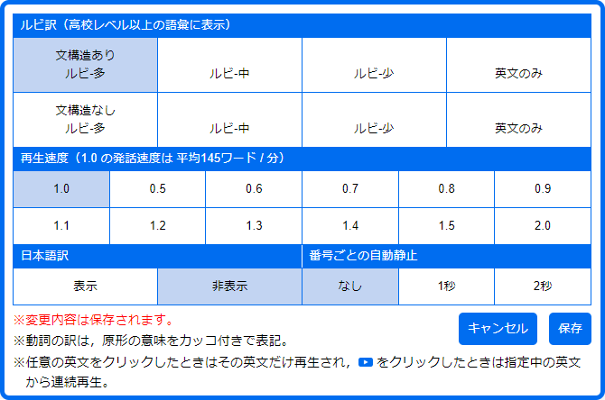 ルビ訳や文構造を 自分のレベルに合わせて表示できます。